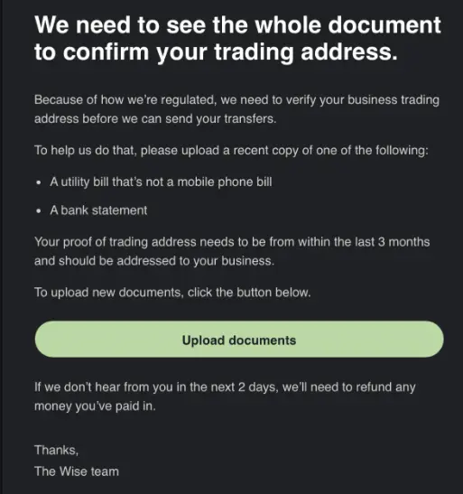 Wise LLC Address Rejection